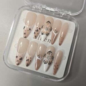 Elegant Nude and White Stiletto Handmade Press On Nails Set